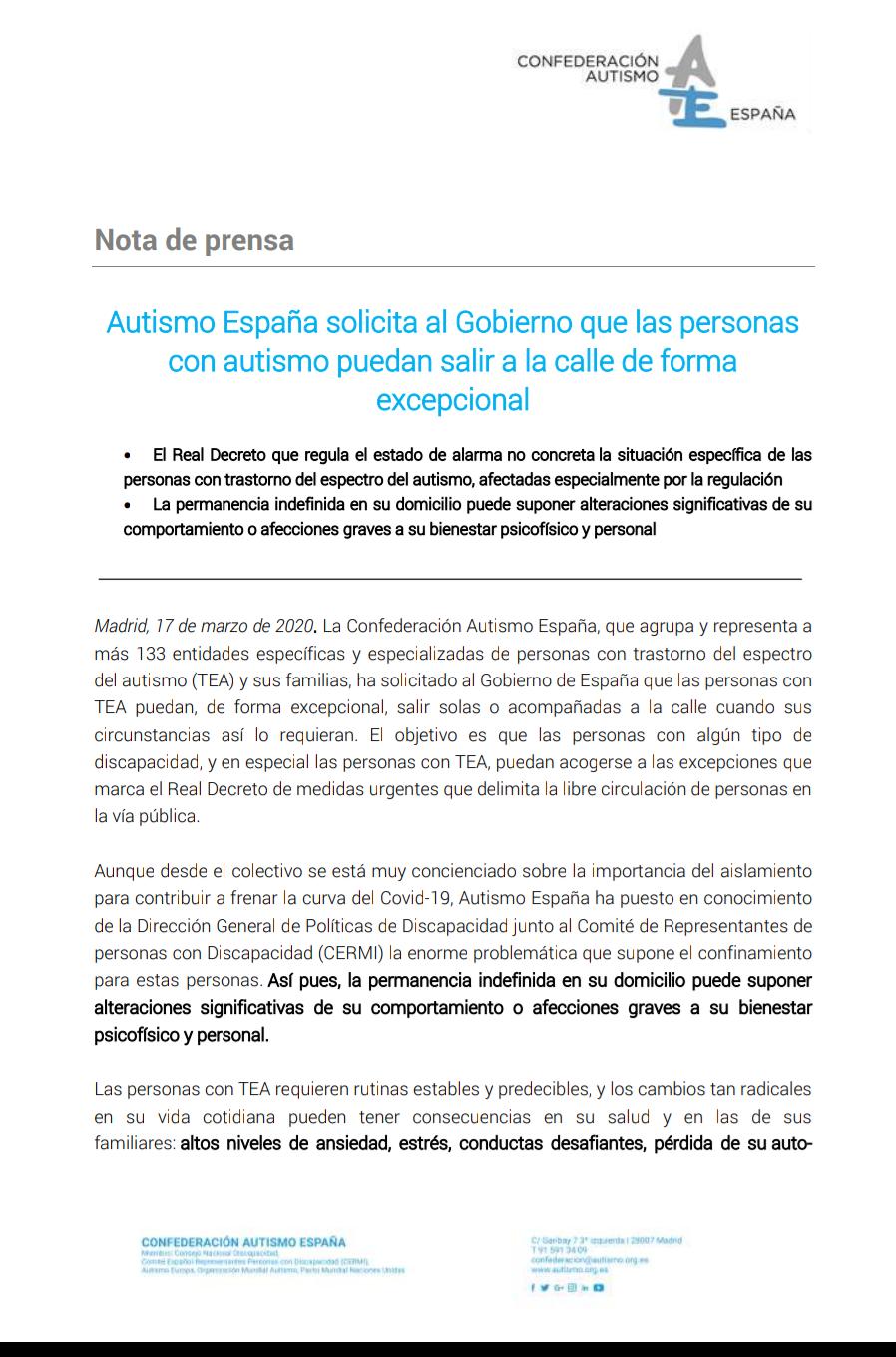 Nota de prensa de Autismo España en la que solicita al Gobierno que las personas con autismo puedan salir a la calle de forma excepcional